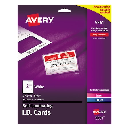 Avery Dennison Name Self Laminate Badge, Id Cards, PK30 5361